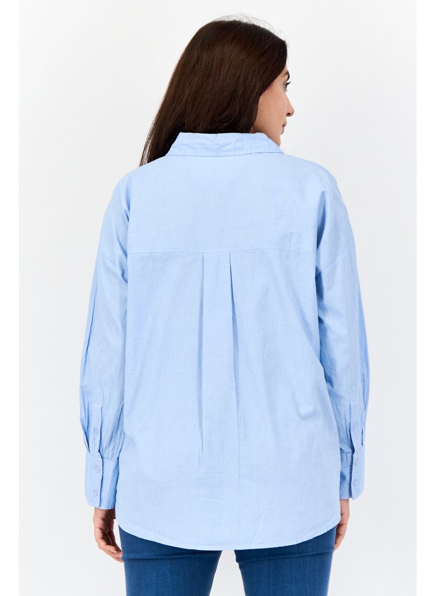 Women Regular Fit Plain Long Sleeves Casual Shirt, Light Blue