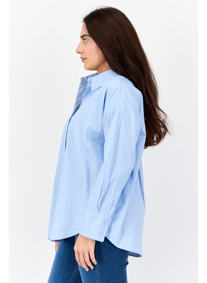 Women Regular Fit Plain Long Sleeves Casual Shirt, Light Blue