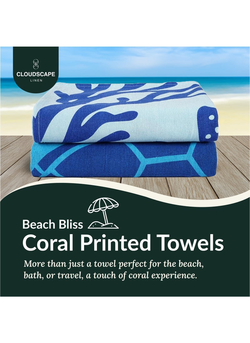 Cotton Beach Towels Set- Pack of 2, 39x71 inches, Quick Dry and Highly Absorbent Towels,Turtle & Coral