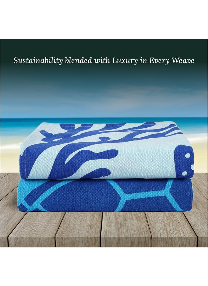 Cotton Beach Towels Set- Pack of 2, 39x71 inches, Quick Dry and Highly Absorbent Towels,Turtle & Coral