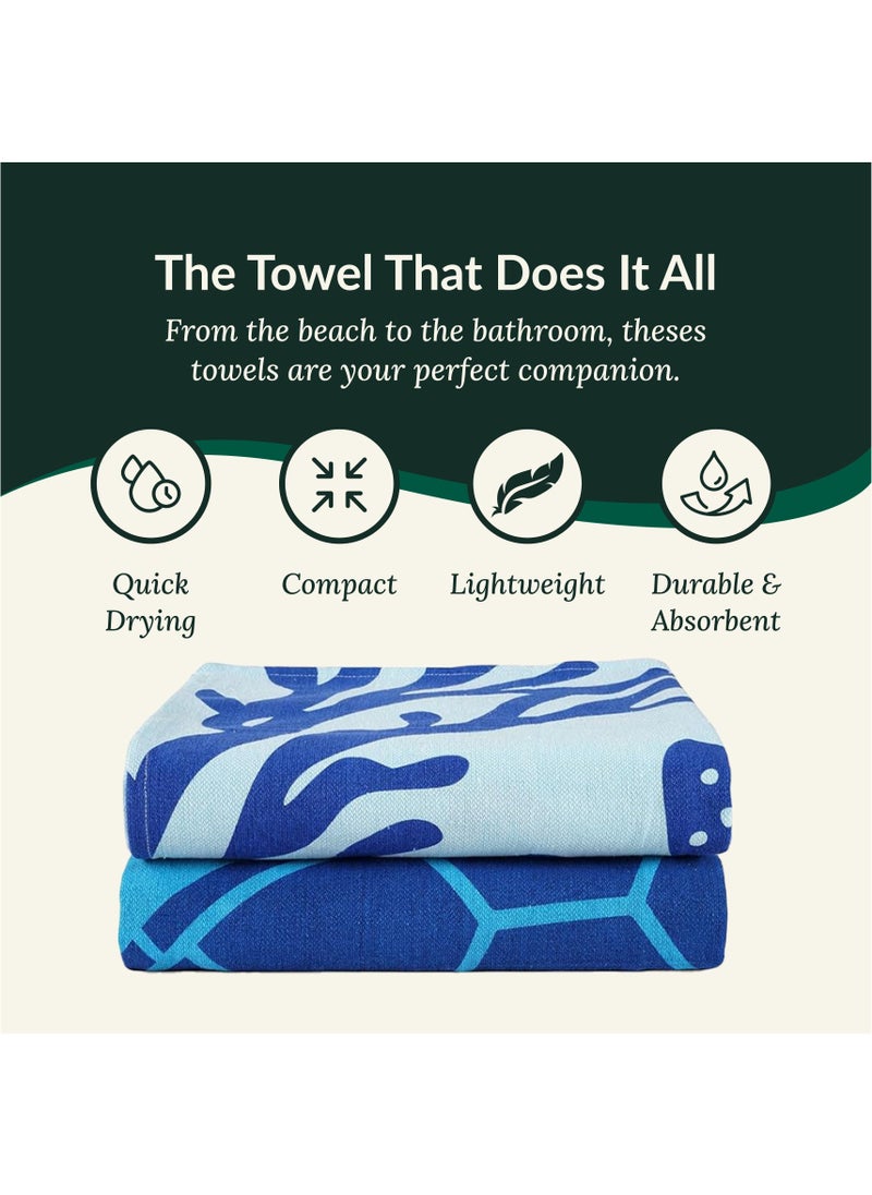 Cotton Beach Towels Set- Pack of 2, 39x71 inches, Quick Dry and Highly Absorbent Towels,Turtle & Coral