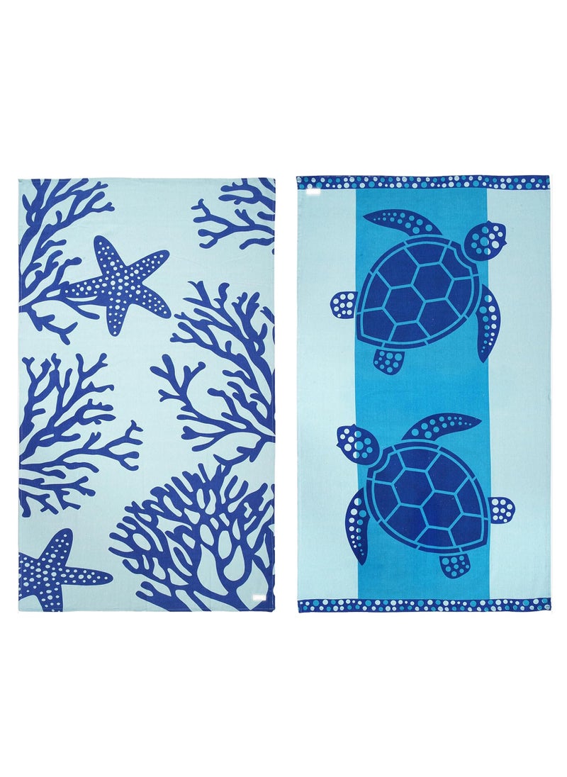 Cotton Beach Towels Set- Pack of 2, 39x71 inches, Quick Dry and Highly Absorbent Towels,Turtle & Coral
