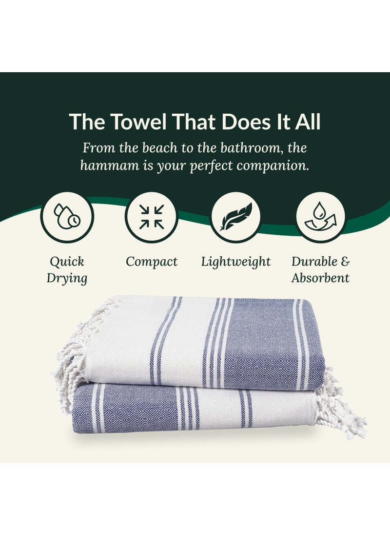 Turkish Beach Towel Set of 2, 39x71 inches Oversized Lightweight 100% Cotton Hammam Towel, NAVY BLAZER