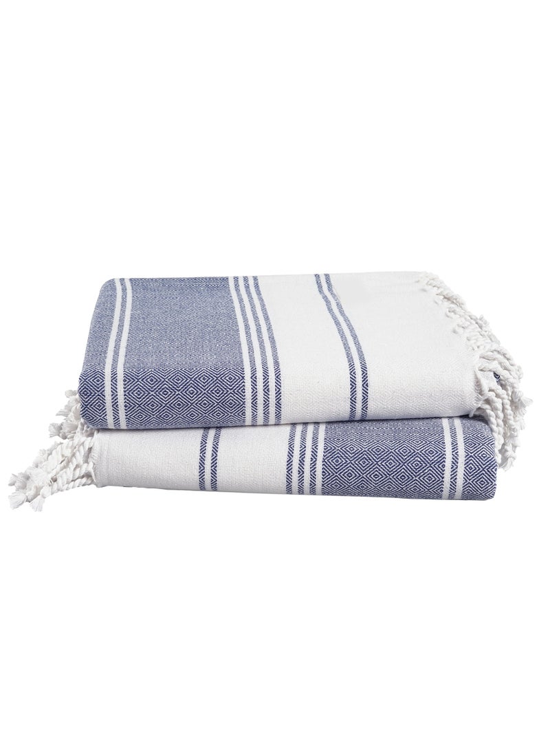 Turkish Beach Towel Set of 2, 39x71 inches Oversized Lightweight 100% Cotton Hammam Towel, NAVY BLAZER