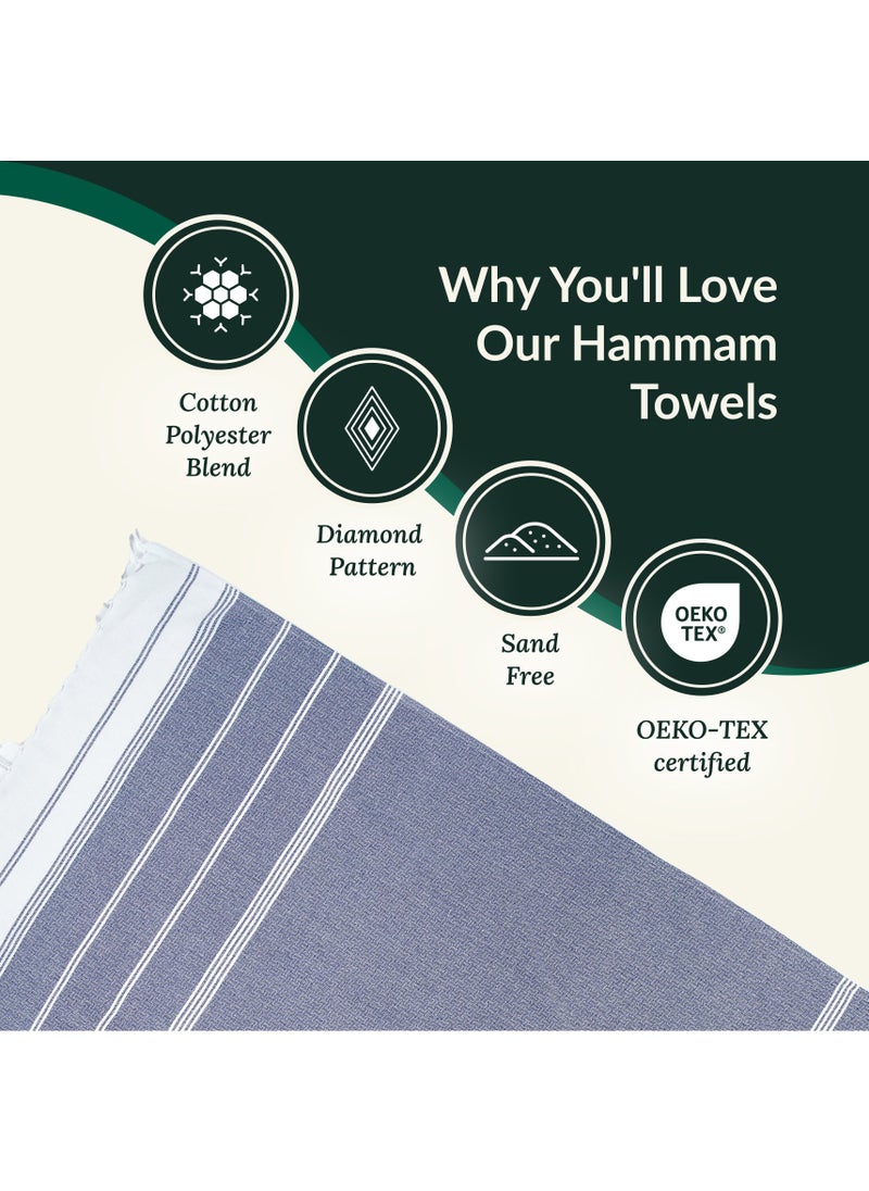 Turkish Beach Towel Set of 2, 39x71 inches Oversized Lightweight 100% Cotton Hammam Towel, NAVY BLAZER