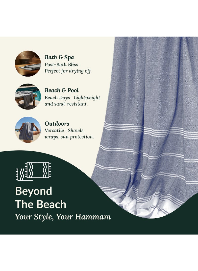 Turkish Beach Towel Set of 2, 39x71 inches Oversized Lightweight 100% Cotton Hammam Towel, NAVY BLAZER