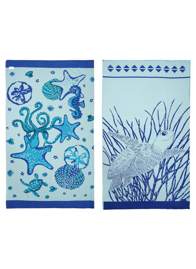 Coral Cotton Beach Towels Set Pack of 2, 39x71 inches, Quick Dry and Highly Absorbent Towels,STARFISH & Turtle