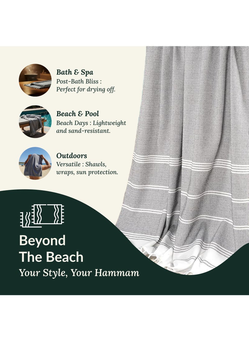 Turkish Beach Towel Set of 2, 39x71 inches Oversized Lightweight 100% Cotton Hammam Towel, Ebony