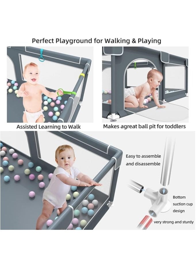 Baby Playpen 180*150CM Large Play Yard Playpen for Babies and Toddlers with 20 Ocean Balls, Indoor & Outdoor Safety Baby Activity Center with Breathable Mesh, Anti-Slip Suckers, Grey