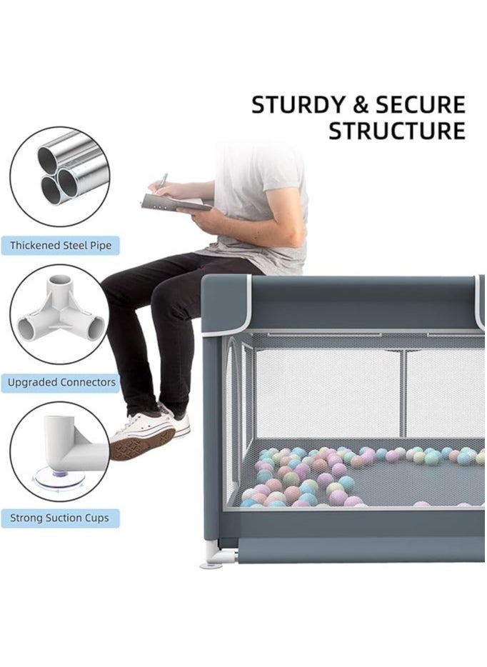Baby Playpen 180*150CM Large Play Yard Playpen for Babies and Toddlers with 20 Ocean Balls, Indoor & Outdoor Safety Baby Activity Center with Breathable Mesh, Anti-Slip Suckers, Grey