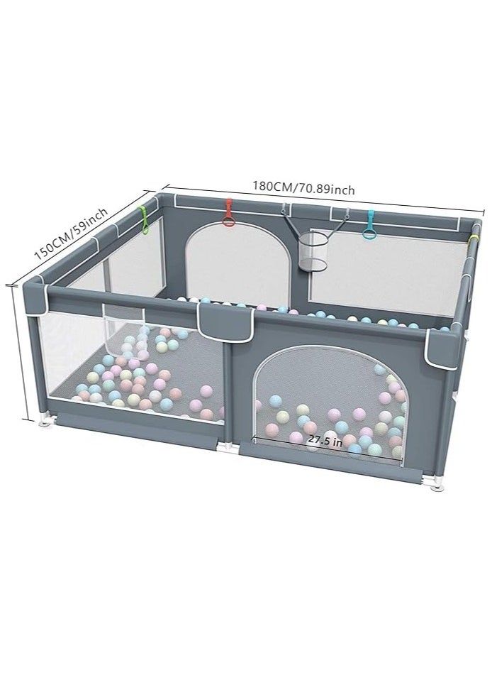 Baby Playpen 180*150CM Large Play Yard Playpen for Babies and Toddlers with 20 Ocean Balls, Indoor & Outdoor Safety Baby Activity Center with Breathable Mesh, Anti-Slip Suckers, Grey