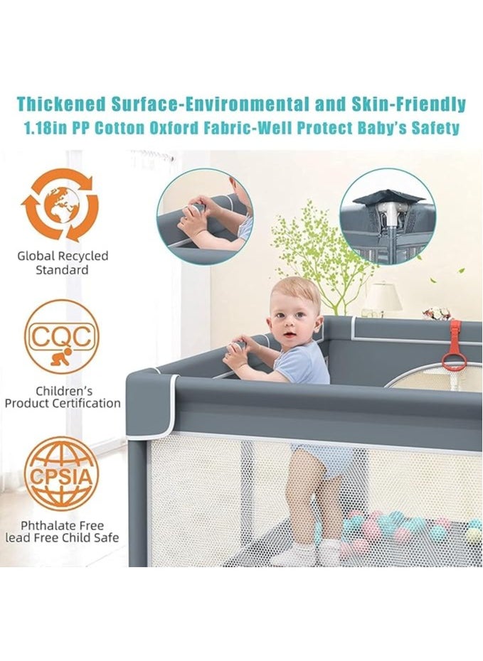 Baby Playpen 180*150CM Large Play Yard Playpen for Babies and Toddlers with 20 Ocean Balls, Indoor & Outdoor Safety Baby Activity Center with Breathable Mesh, Anti-Slip Suckers, Grey