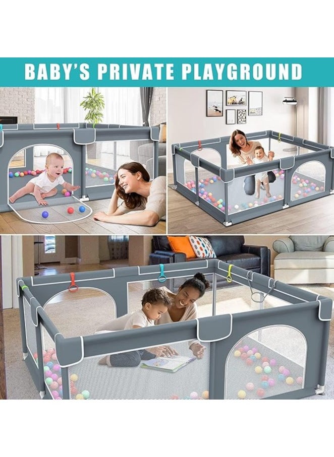 Baby Playpen 180*150CM Large Play Yard Playpen for Babies and Toddlers with 20 Ocean Balls, Indoor & Outdoor Safety Baby Activity Center with Breathable Mesh, Anti-Slip Suckers, Grey