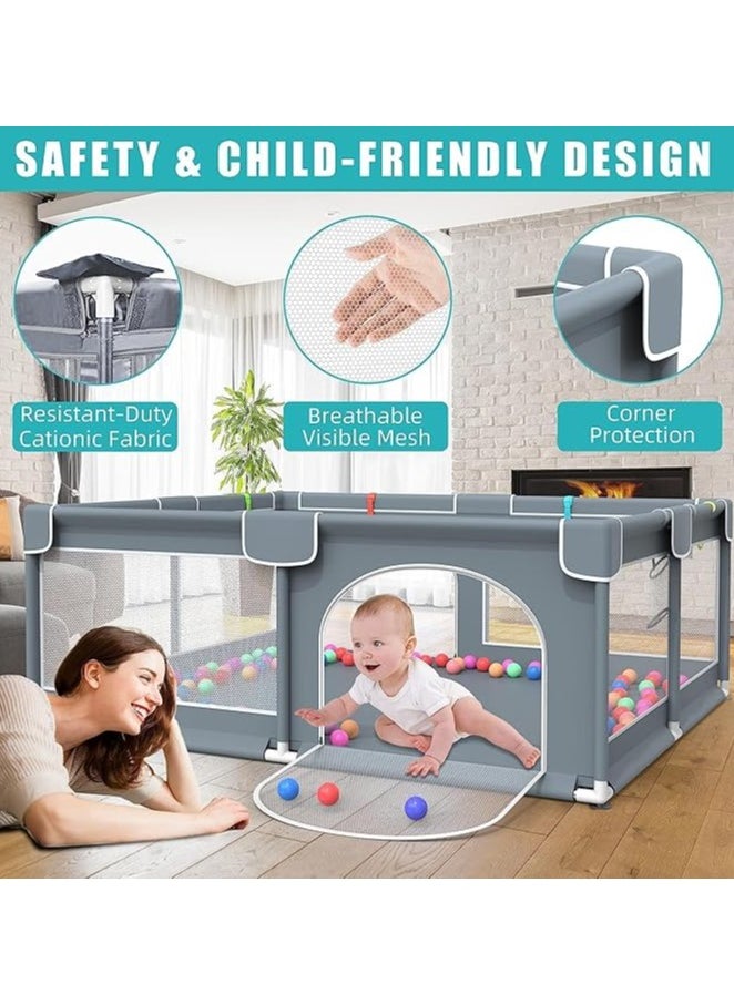 Baby Playpen 180*150CM Large Play Yard Playpen for Babies and Toddlers with 20 Ocean Balls, Indoor & Outdoor Safety Baby Activity Center with Breathable Mesh, Anti-Slip Suckers, Grey