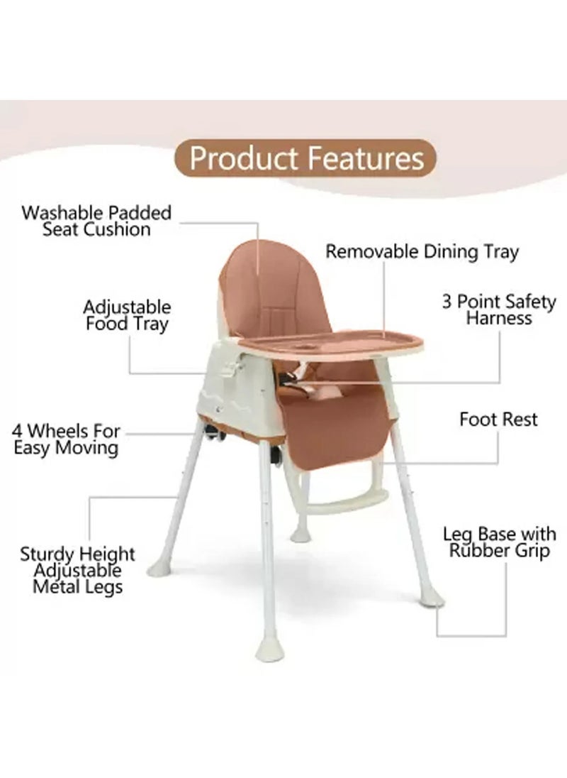 Babyhug 3 in 1 Comfy High Chair with Wheels, Adjustable Dining Tray 3-point Safety Harness, 2 Reclining Seat Positions, 6 Months to 3 Years, 53 x 60 x 87.5 cm