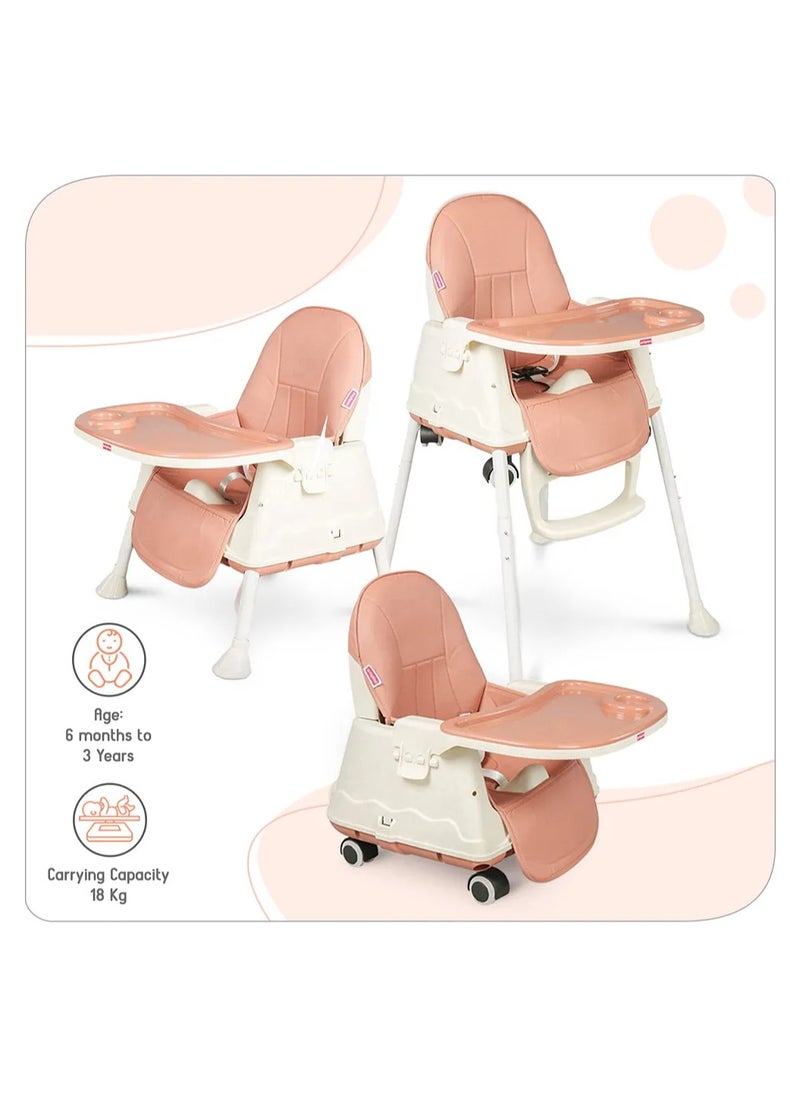 Babyhug 3 in 1 Comfy High Chair with Wheels, Adjustable Dining Tray 3-point Safety Harness, 2 Reclining Seat Positions, 6 Months to 3 Years, 53 x 60 x 87.5 cm