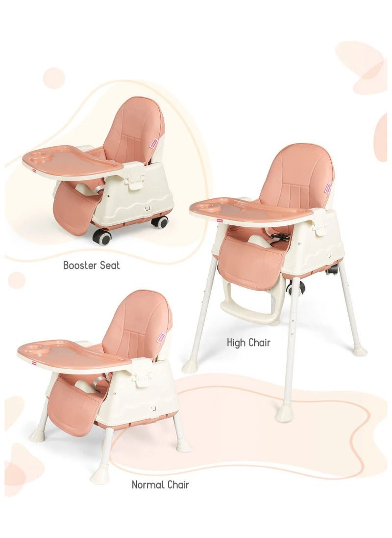 Babyhug 3 in 1 Comfy High Chair with Wheels, Adjustable Dining Tray 3-point Safety Harness, 2 Reclining Seat Positions, 6 Months to 3 Years, 53 x 60 x 87.5 cm