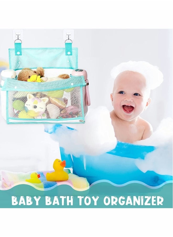 2 Pcs Mesh Bath Toy Organizer, Bath Toy Storage for Baby Toys with 4 Pcs Suction and Adhesive Hooks, Mesh Net Shower Caddy for Bathtub Toys,  Bathtub Toy Holder for Kids and Toddlers (Blue)