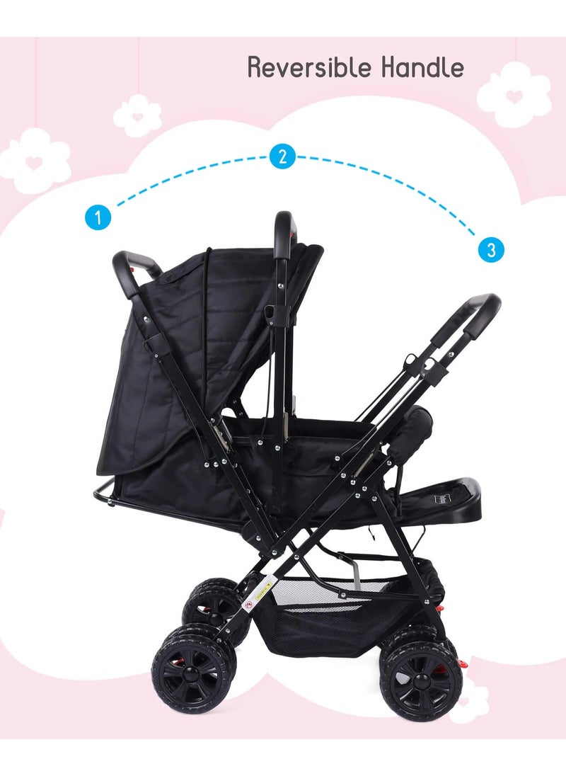Babyhug Cocoon Stroller With Mosquito Net, Reversible Handle, 3 Reclining Positions, 5-point Harness, 0 to 3 Years, 65 X 53 X 98 cm