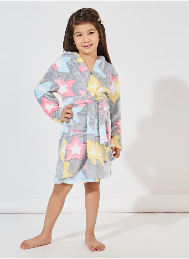 Star Pattern Fleece Hooded Robe
