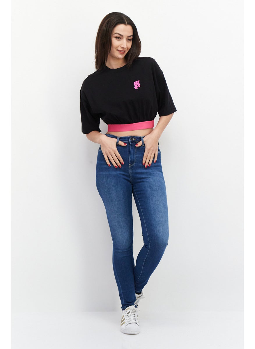 Women Round Neck Short Sleeve Graphic Printed T-Shirt, Black