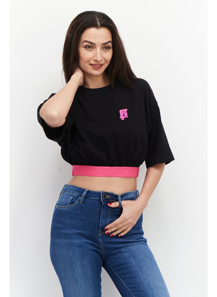 Women Round Neck Short Sleeve Graphic Printed T-Shirt, Black