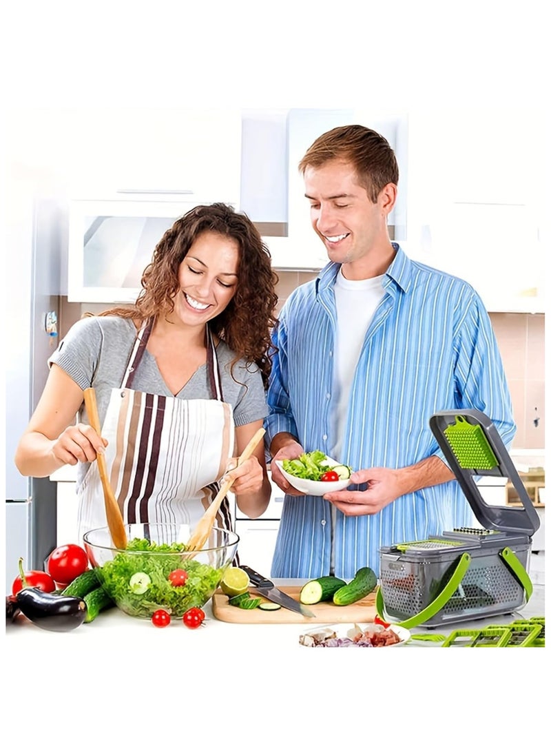 22-in-1 Vegetable Chopper and Slicer Set with Container – Multi-Blade Food Cutter, Kitchen Gadgets for Dicing, Grating, Slicing – Manual Vegetable Cutter Kitchen Tools (Green & Grey)