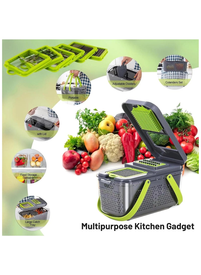 22-in-1 Vegetable Chopper and Slicer Set with Container – Multi-Blade Food Cutter, Kitchen Gadgets for Dicing, Grating, Slicing – Manual Vegetable Cutter Kitchen Tools (Green & Grey)