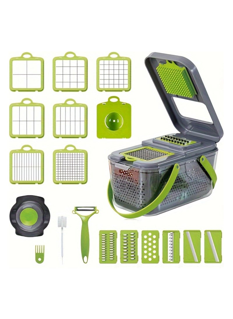 22-in-1 Vegetable Chopper and Slicer Set with Container – Multi-Blade Food Cutter, Kitchen Gadgets for Dicing, Grating, Slicing – Manual Vegetable Cutter Kitchen Tools (Green & Grey)