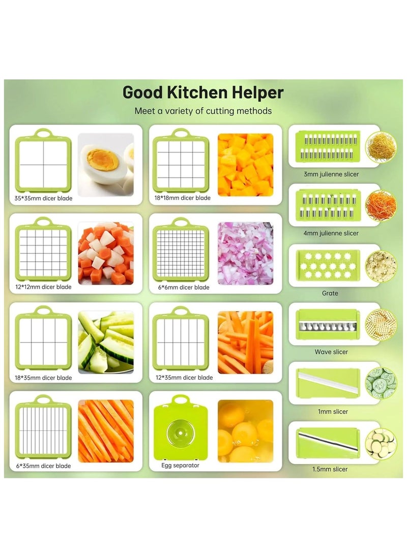 22-in-1 Vegetable Chopper and Slicer Set with Container – Multi-Blade Food Cutter, Kitchen Gadgets for Dicing, Grating, Slicing – Manual Vegetable Cutter Kitchen Tools (Green & Grey)