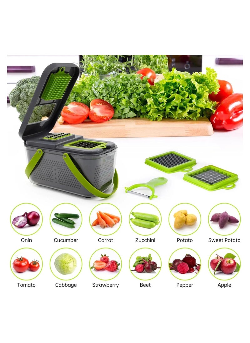 22-in-1 Vegetable Chopper and Slicer Set with Container – Multi-Blade Food Cutter, Kitchen Gadgets for Dicing, Grating, Slicing – Manual Vegetable Cutter Kitchen Tools (Green & Grey)