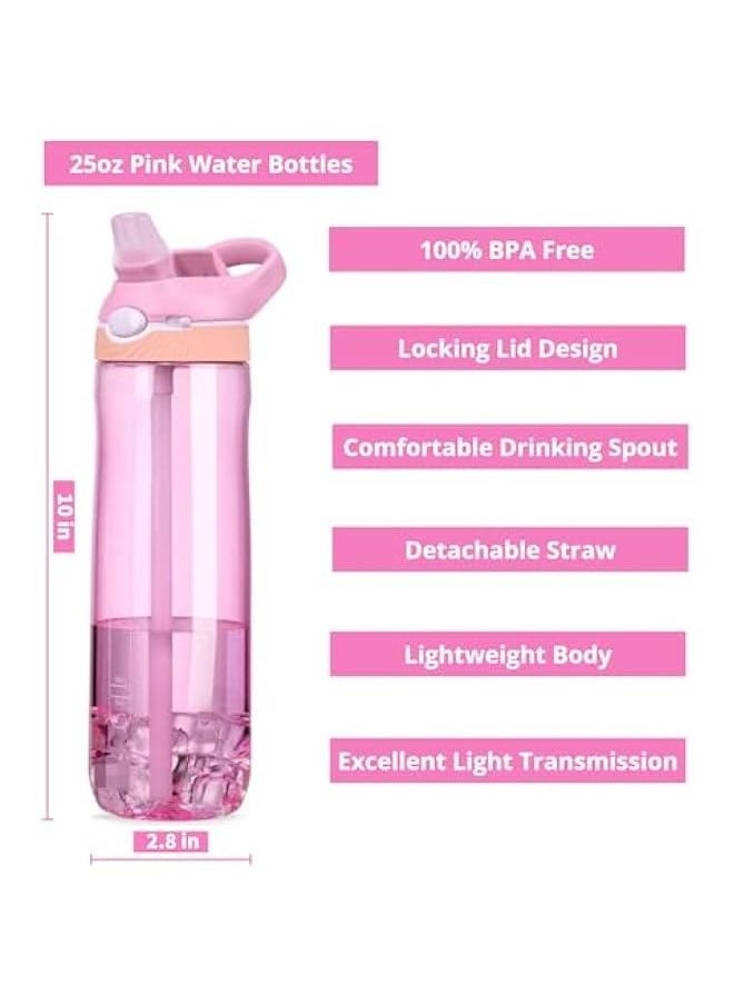 25oz Pink Water Bottle with Clip Handle and Locking Lid, Reusable Travel Tritan Water Bottle with Straw and Sports Plastic Water Bottle - Pink