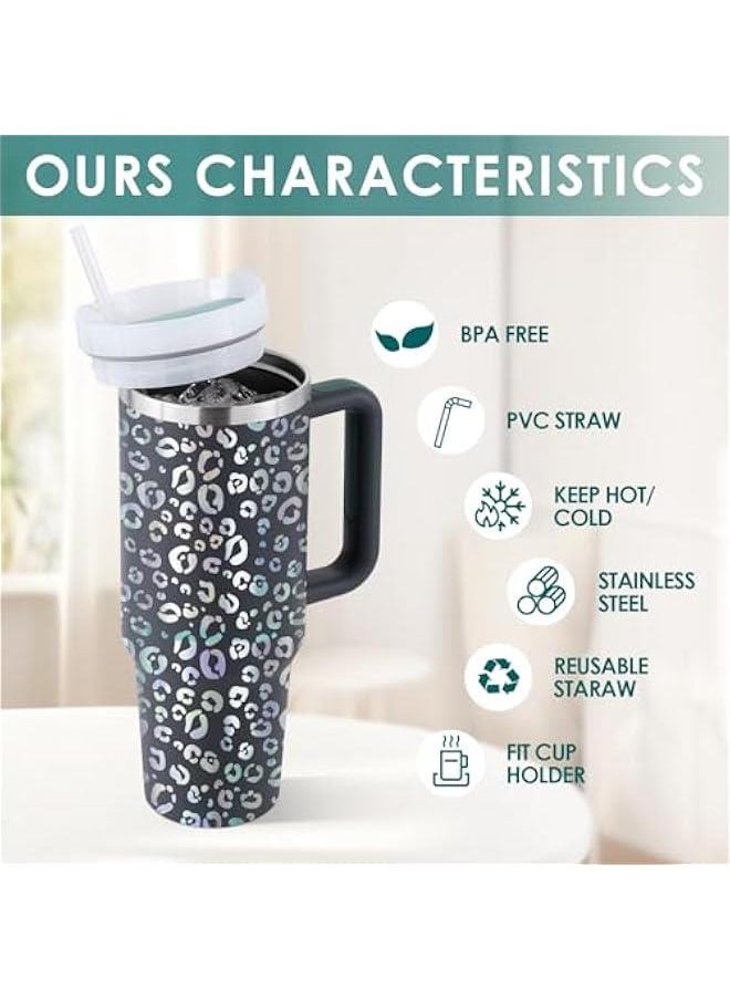 40oz Leopard Tumbler with Handle Straw Lid, Stainless Steel Vacuum Insulated Reusable Travel Mug Keep Drinks Cold Ice Gym Cup, Gifts for Women Lovers, Car Holder Friendly, Gray