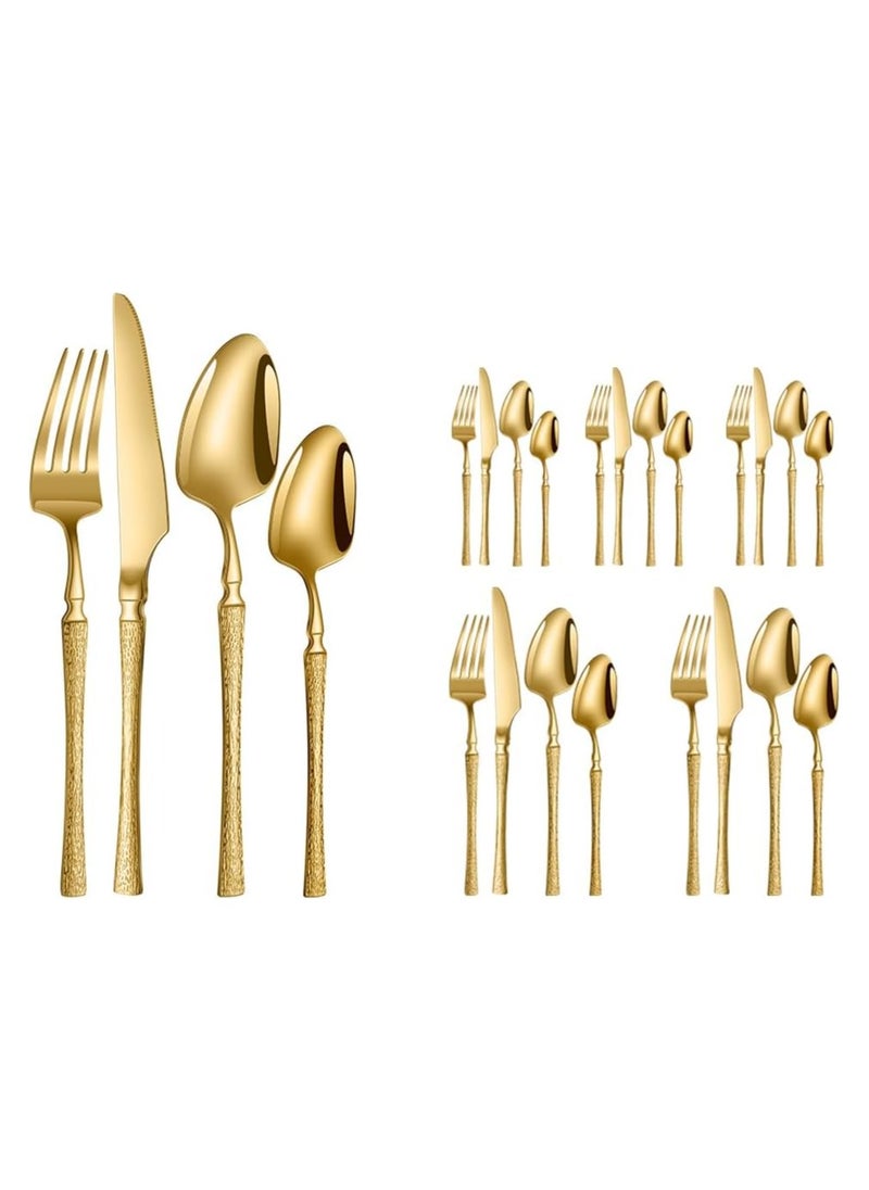 24-Piece Elegant Stainless Steel Cutlery Set – Gold-Plated Tableware Service for 6, Includes Forks, Knives, Spoons, and Dessert Utensils, Dishwasher Safe, Luxury Dining Set
