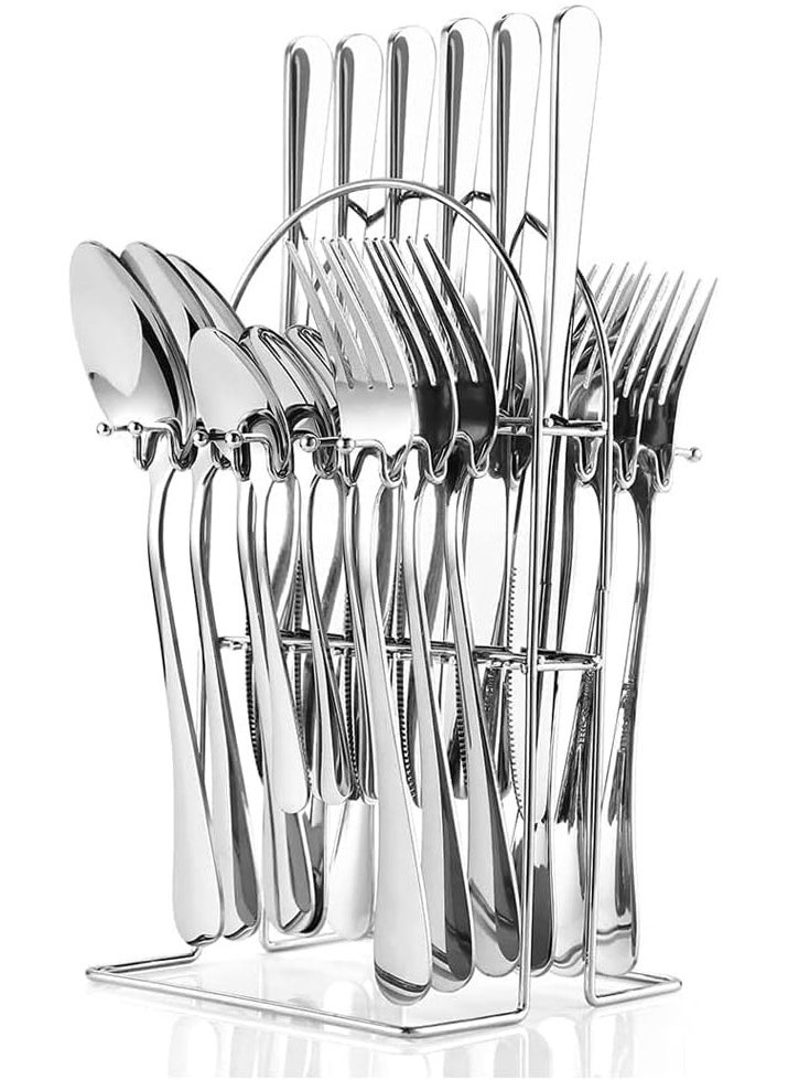 24-Piece Stainless Steel Silverware Set with Holding Stand – Complete Flatware Set Including Steak Knives, Forks, Spoons – Elegant Cutlery Set for Dining (Silver)