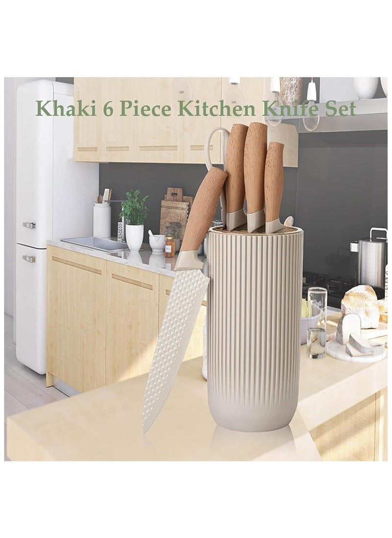 6-Piece Kitchen Knife Set with Universal Knife Block – Sharp Non-Stick Stainless Steel Chef Knives with Non-Slip Handle, Khaki Color Kitchen Cutlery Set for Home, Restaurant, and Cooking Enthusiasts