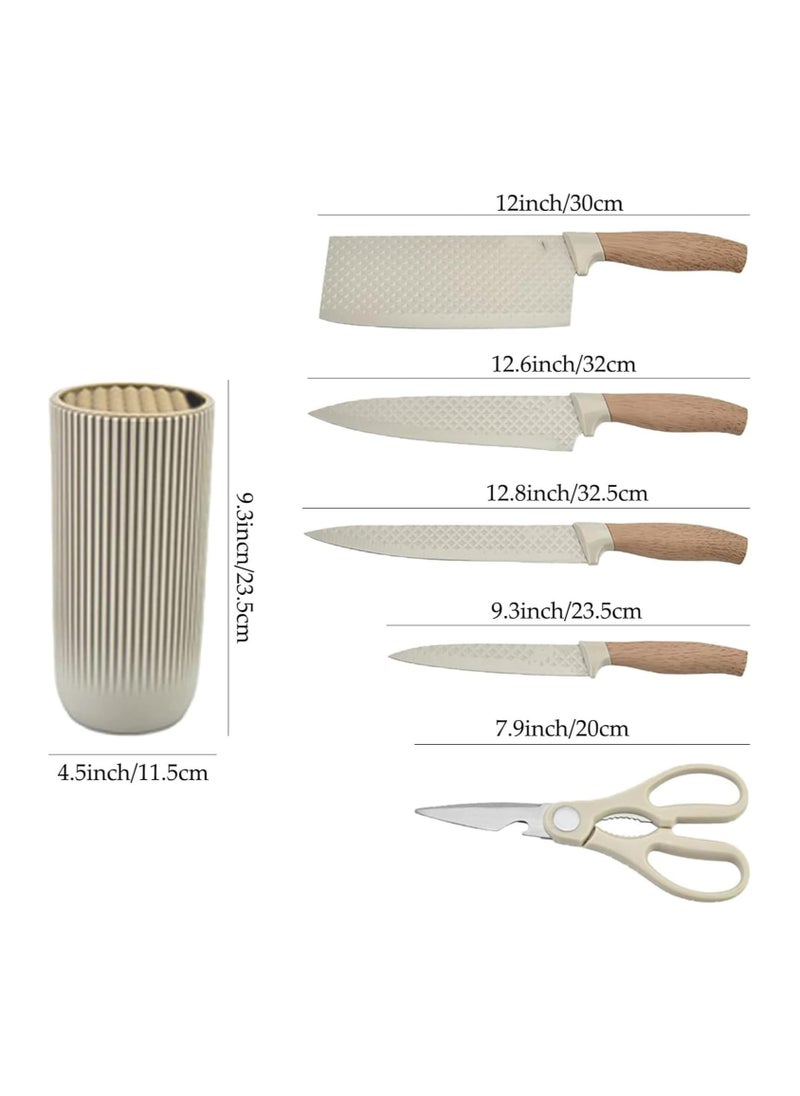 6-Piece Kitchen Knife Set with Universal Knife Block – Sharp Non-Stick Stainless Steel Chef Knives with Non-Slip Handle, Khaki Color Kitchen Cutlery Set for Home, Restaurant, and Cooking Enthusiasts