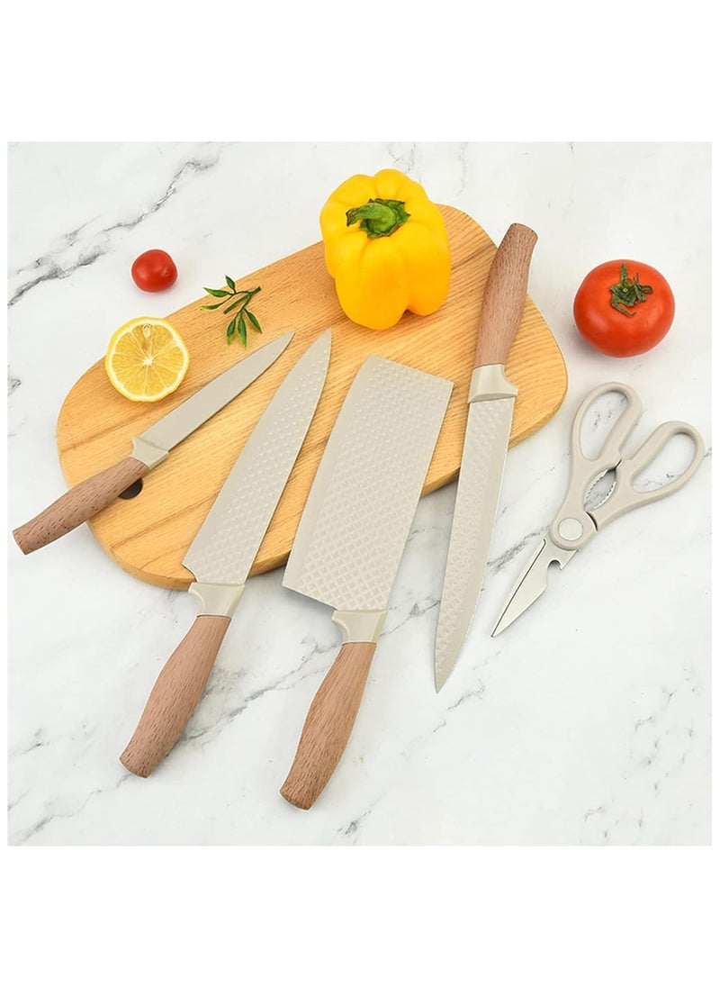 6-Piece Kitchen Knife Set with Universal Knife Block – Sharp Non-Stick Stainless Steel Chef Knives with Non-Slip Handle, Khaki Color Kitchen Cutlery Set for Home, Restaurant, and Cooking Enthusiasts