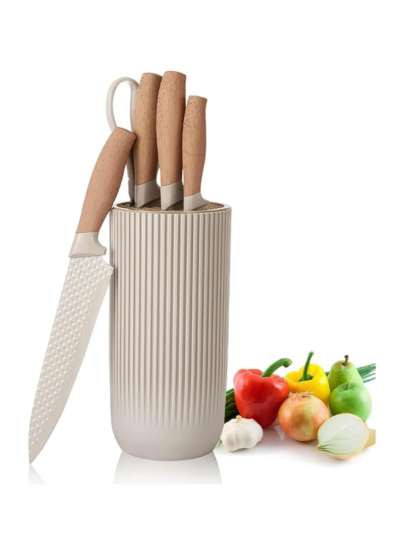 6-Piece Kitchen Knife Set with Universal Knife Block – Sharp Non-Stick Stainless Steel Chef Knives with Non-Slip Handle, Khaki Color Kitchen Cutlery Set for Home, Restaurant, and Cooking Enthusiasts