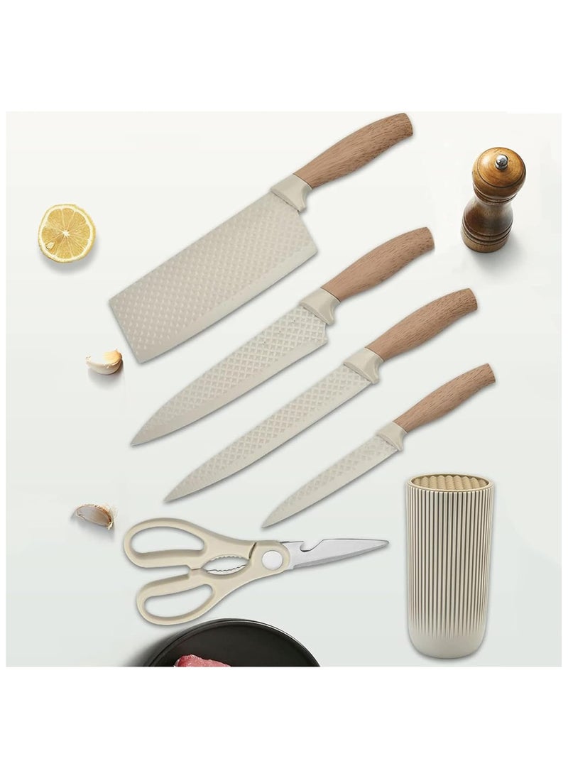 6-Piece Kitchen Knife Set with Universal Knife Block – Sharp Non-Stick Stainless Steel Chef Knives with Non-Slip Handle, Khaki Color Kitchen Cutlery Set for Home, Restaurant, and Cooking Enthusiasts