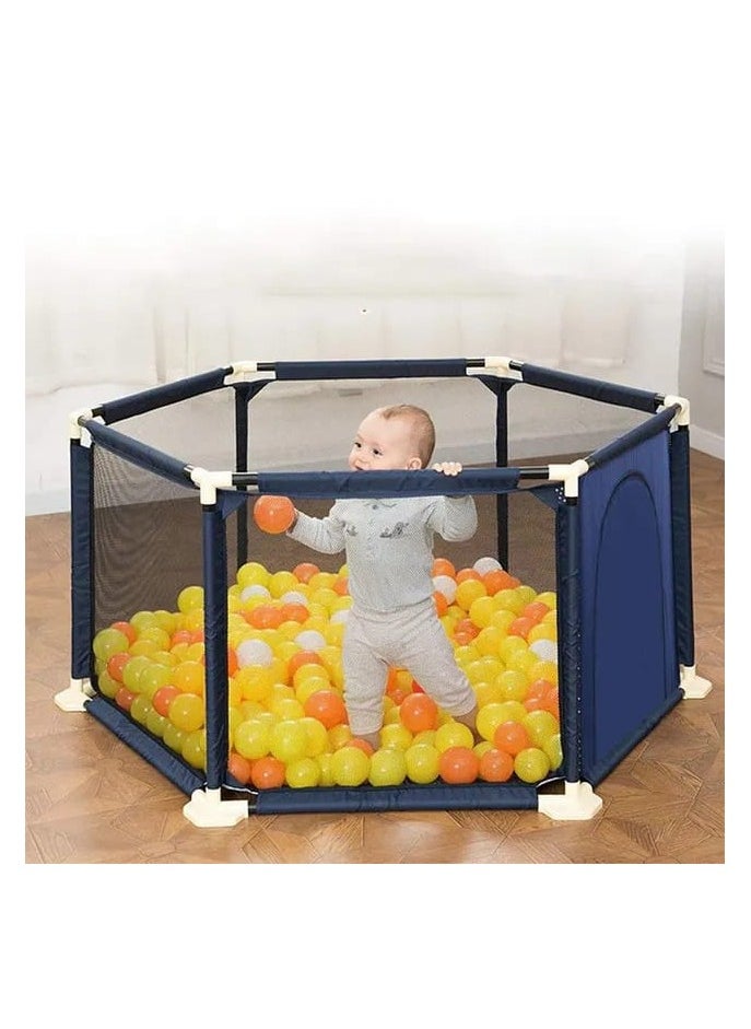 Baby Playpen Blue, 6 Panel Portable Anti-Slip Safety Play Yard with Breathable Mesh and 30 Play Balls