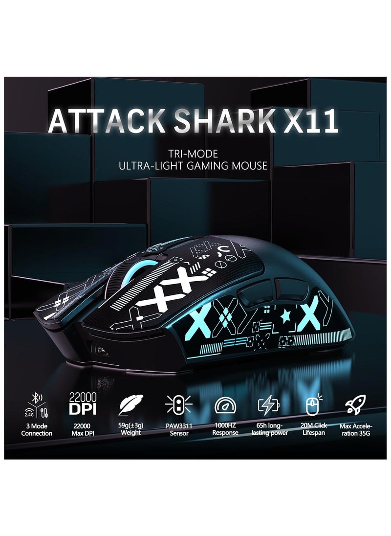ATTACK SHARK X11 Tri-Mode Gaming Mouse - Wired, 2.4GHz Wireless, Bluetooth - 22000 DPI PixArt PAW3311 Sensor - RGB Backlight - Magnetic Charging Dock - Lightweight & Ergonomic Design - For PC, Laptop, Mac, Xbox, PS (Black)