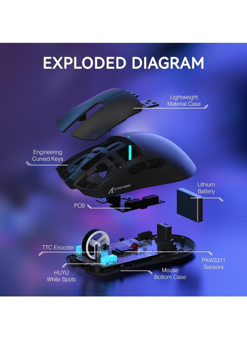 ATTACK SHARK X11 Tri-Mode Gaming Mouse - Wired, 2.4GHz Wireless, Bluetooth - 22000 DPI PixArt PAW3311 Sensor - RGB Backlight - Magnetic Charging Dock - Lightweight & Ergonomic Design - For PC, Laptop, Mac, Xbox, PS (Black)