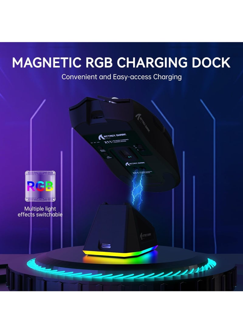 ATTACK SHARK X11 Tri-Mode Gaming Mouse - Wired, 2.4GHz Wireless, Bluetooth - 22000 DPI PixArt PAW3311 Sensor - RGB Backlight - Magnetic Charging Dock - Lightweight & Ergonomic Design - For PC, Laptop, Mac, Xbox, PS (Black)