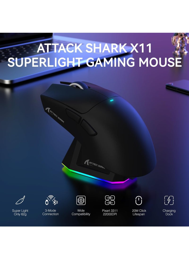 ATTACK SHARK X11 Tri-Mode Gaming Mouse - Wired, 2.4GHz Wireless, Bluetooth - 22000 DPI PixArt PAW3311 Sensor - RGB Backlight - Magnetic Charging Dock - Lightweight & Ergonomic Design - For PC, Laptop, Mac, Xbox, PS (Black)