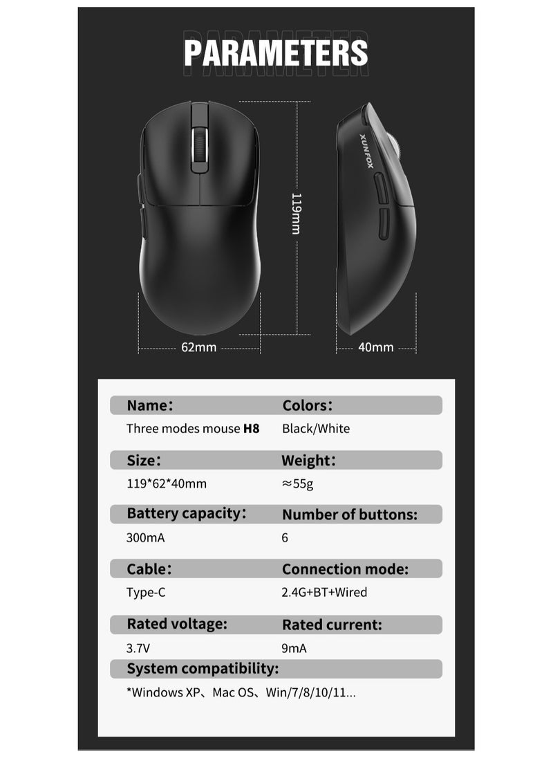 XunFox H8 Tri-Mode Wireless Gaming Mouse – 2.4G, Bluetooth & Wired – Ultra-Lightweight 59g – Adjustable 12,000 DPI – 4-Tier Polling Rate – Long Battery Life – Ergonomic RGB Mouse for PC, Mac, Laptop (Black)