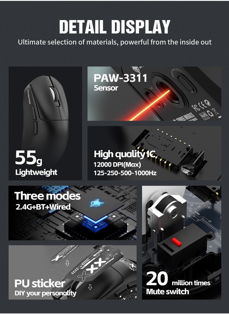 XunFox H8 Tri-Mode Wireless Gaming Mouse – 2.4G, Bluetooth & Wired – Ultra-Lightweight 59g – Adjustable 12,000 DPI – 4-Tier Polling Rate – Long Battery Life – Ergonomic RGB Mouse for PC, Mac, Laptop (Black)