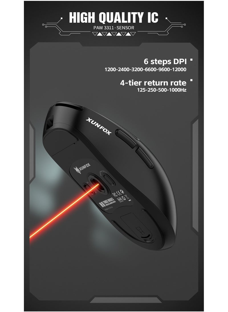XunFox H8 Tri-Mode Wireless Gaming Mouse – 2.4G, Bluetooth & Wired – Ultra-Lightweight 59g – Adjustable 12,000 DPI – 4-Tier Polling Rate – Long Battery Life – Ergonomic RGB Mouse for PC, Mac, Laptop (Black)