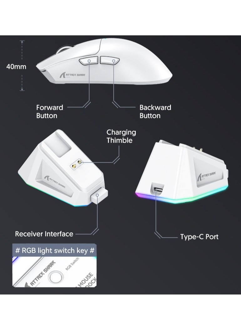 ATTACK SHARK X11 Tri-Mode Gaming Mouse - Wired, 2.4GHz Wireless, Bluetooth - 22000 DPI PixArt PAW3311 Sensor - RGB Backlight - Magnetic Charging Dock - Lightweight & Ergonomic Design - For PC, Laptop, Mac, Xbox, PS (White)