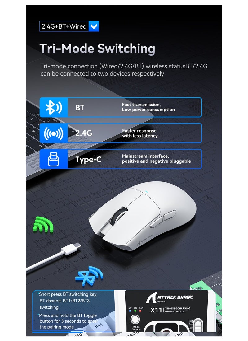 ATTACK SHARK X11 Tri-Mode Gaming Mouse - Wired, 2.4GHz Wireless, Bluetooth - 22000 DPI PixArt PAW3311 Sensor - RGB Backlight - Magnetic Charging Dock - Lightweight & Ergonomic Design - For PC, Laptop, Mac, Xbox, PS (White)